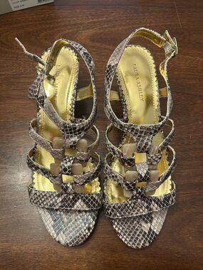 Laura Ashley Taupe Snake-Print Strappy Heels with Gold Insole